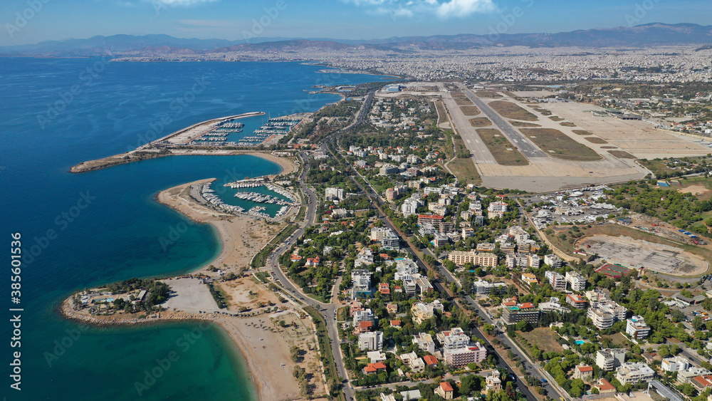 Fototapeta premium Aerial drone photo of Marina of Agios Kosmas and abandoned former international airport of Athens in Elliniko area, South Athens riviera, Attica, Greece
