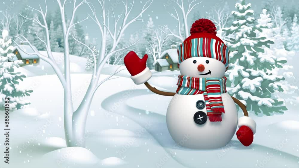 Snowman waving hand in the snowy forest, animated greeting card, winter holiday background, Merry Christmas and a Happy New Year