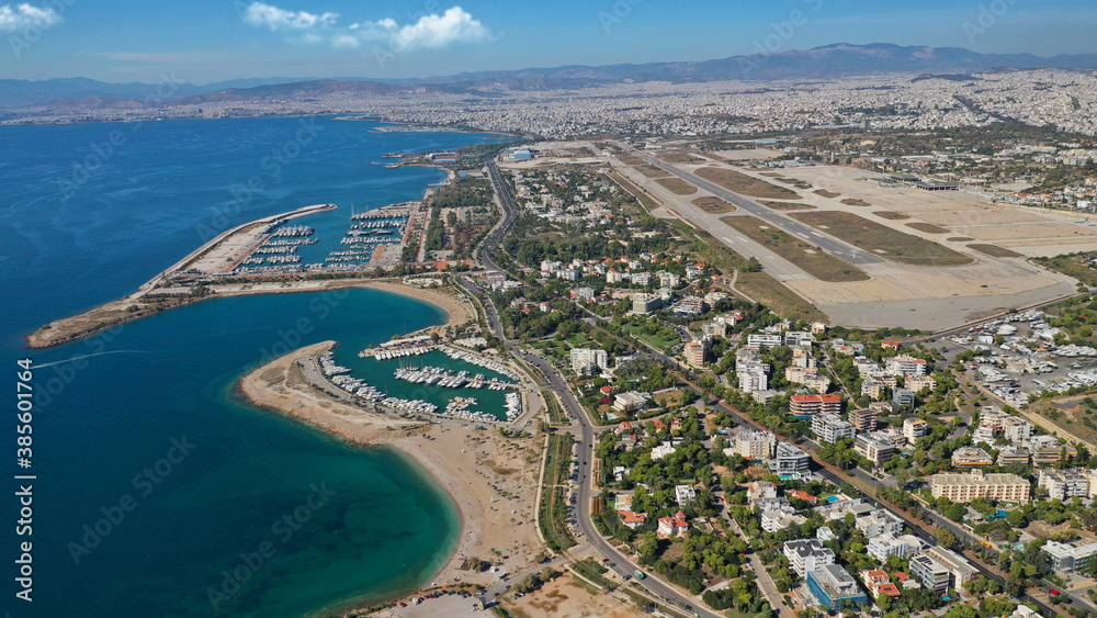 Fototapeta premium Aerial drone photo of Marina of Agios Kosmas and abandoned former international airport of Athens in Elliniko area, South Athens riviera, Attica, Greece