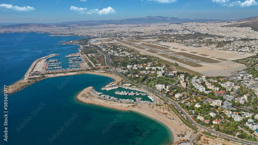 Aerial drone photo of Marina of Agios Kosmas and abandoned former international airport of Athens in Elliniko area, South Athens riviera, Attica, Greece