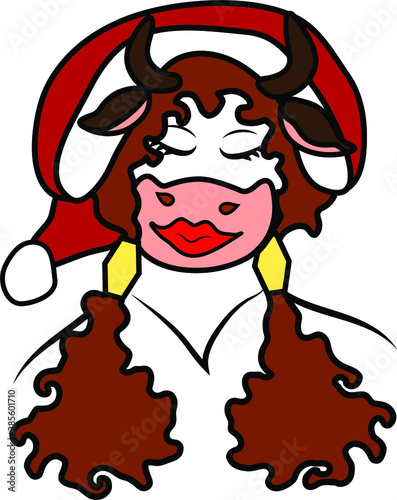 humanized new year's portrait of a cow in a new year's red Cap with closed eyes and two tails, drawn in vector, on a white background isolated 