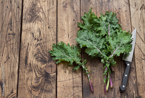 Fresh kale leaves on the wooden background. top view. space. rustic style. healthy food. superfood