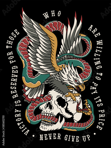 Eagle Fighting with Snake on a Skull Traditional Tattoo Style Illustration Print for Apparel and Other Uses White Base