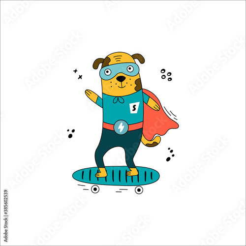 Hand-drawn dog in a superhero costume.
