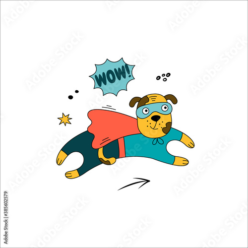 Hand-drawn dog in a superhero costume.