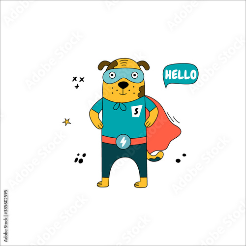 Hand-drawn dog in a superhero costume.