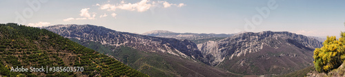 Panorama of mountains and fields in Sardinia, Italy.