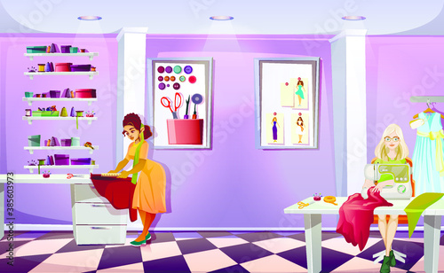 Women create clothing models in the atelier