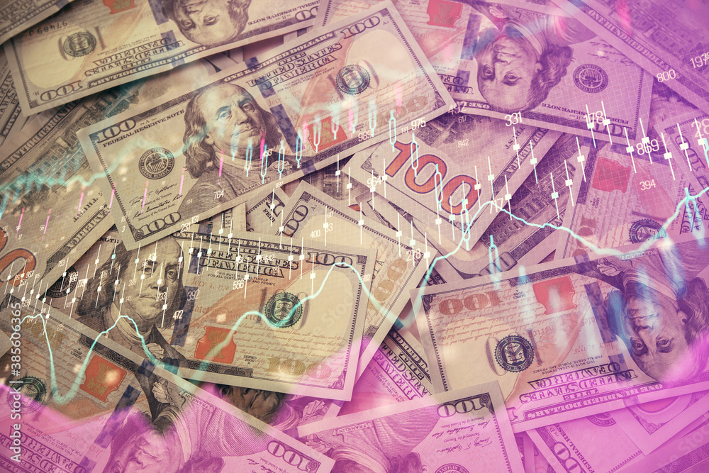 Multi exposure of forex chart drawing over us dollars bill background. Concept of financial success markets. Multi exposure of forex chart drawing over us dollars bill background. Concept of financial success markets.