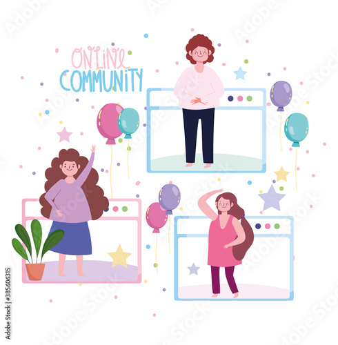 online party, connected people celebrating birthday balloon decoration