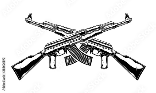 Monochrome detailed illustration of crossed kalashnikov assault rifle. Isolated vector template