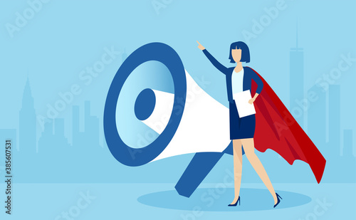 Vector of a businesswoman in red cape making an announcement standing near a big megaphone
