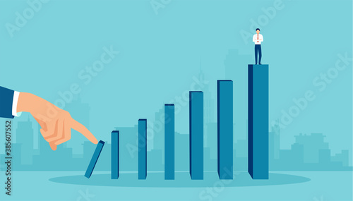 Vector of a big hand pushing financial bars with business man standing on top of it, engaging domino effect