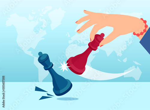 Vector of a female hand using a queen to kick a rival queen in chess game