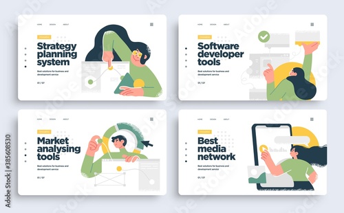 Set of Presentation slide templates or landing page websites design. Business concept illustrations. Modern flat style.