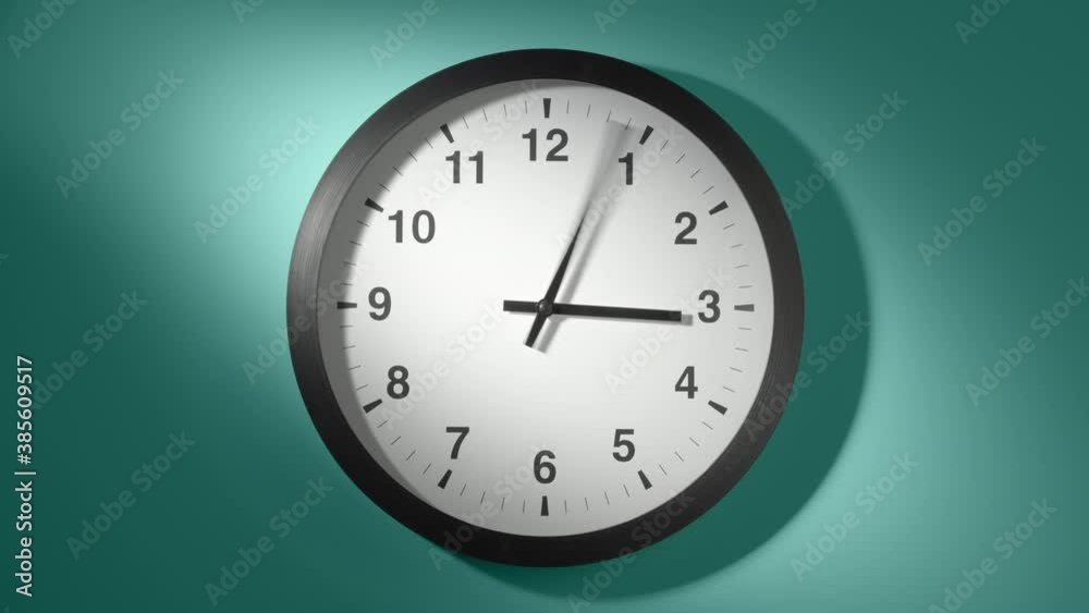Clock Face in Time Lapse on Cyan Aquamarine Celadon Sea-Green Wall in Office Clock Face in Time Lapse on Cyan Aquamarine Celadon Sea-Green Wall in Office