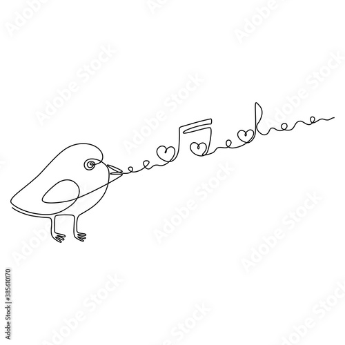 Continuous line drawing. Little bird sings a love song. Music of love. Romantic Valentine's day card. Black isolated on white background. Hand drawn vector illustration. 

