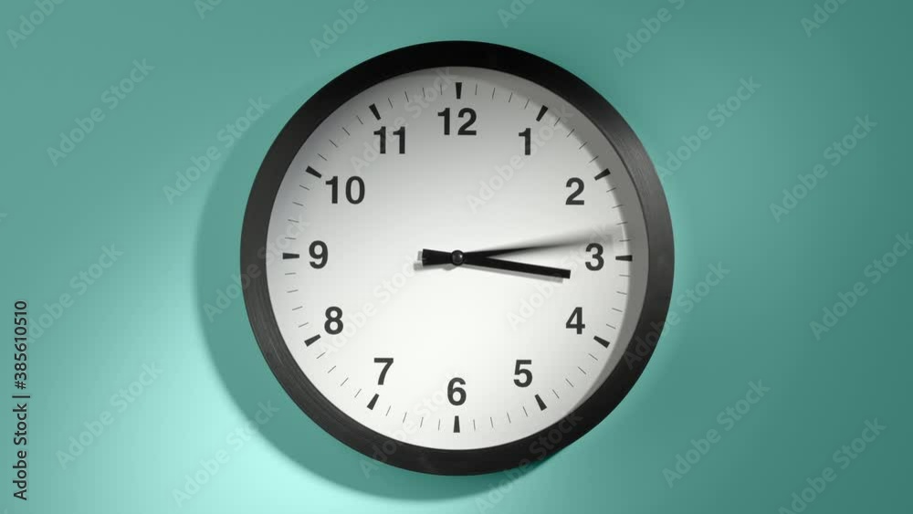 Clock Face in Time Lapse on Cyan Aquamarine Celadon Sea-Green Wall in Office Clock Face in Time Lapse on Cyan Aquamarine Celadon Sea-Green Wall in Office