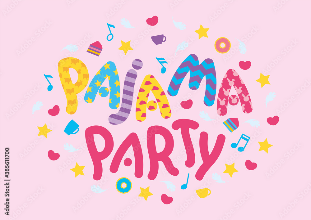 PAGAMA PARTY SIGN DESIGN WITH KIDS PARTY ELEMENTS ISOLATED ON PINK BACKGROUND. VECTOR ILLUSTRATION, LOGO, EMBLEM, CARD, POSTER PAGAMA PARTY SIGN DESIGN WITH KIDS PARTY ELEMENTS ISOLATED ON PINK BACKGROUND. VECTOR ILLUSTRATION, LOGO, EMBLEM, CARD, POSTER