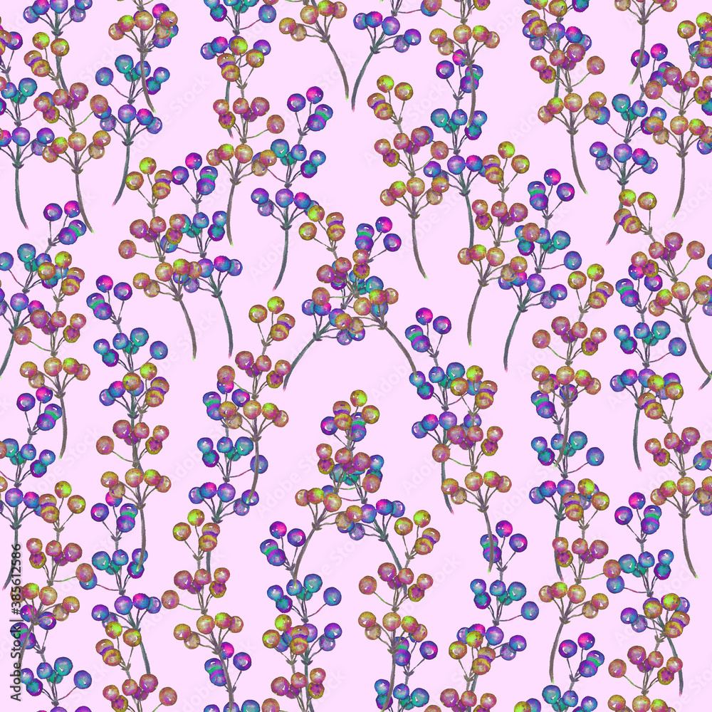 Small colorful berries, hand painted watercolor illustration, seamless pattern design on purple background