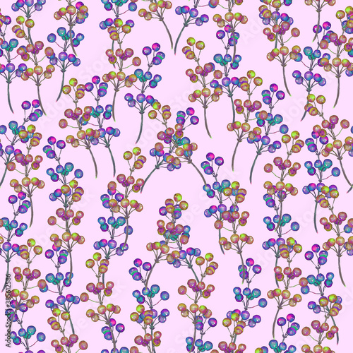 Small colorful berries  hand painted watercolor illustration  seamless pattern design on purple background