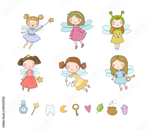 Cute cartoon fairies. Fairy elves. Childrens illustration. tooth Fairy