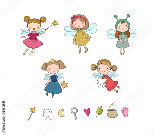 Cute cartoon fairies. Fairy elves. Childrens illustration. tooth Fairy