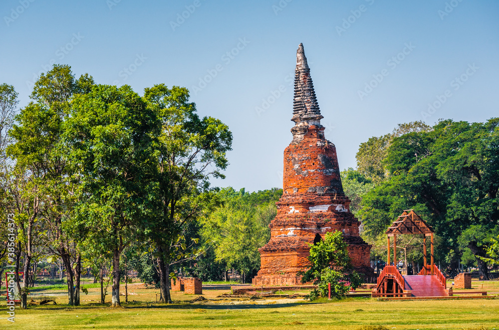 Pagoda at Ayutthaya Historical Park on a Sunny Day in Ayutthaya Province, Thailand. Architecture of Old Thai Capital City