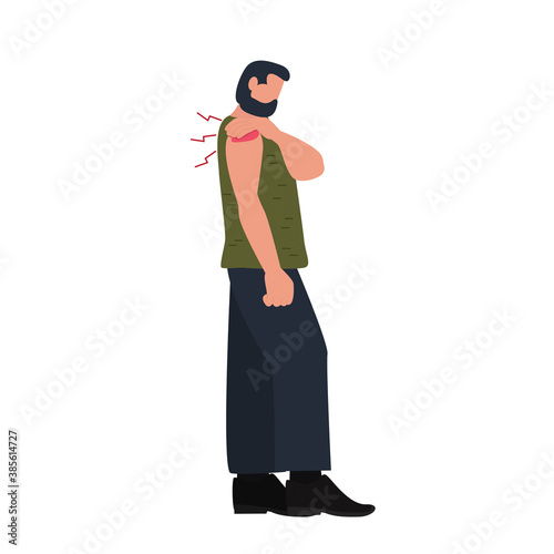 A man holds his hand over a sore, inflamed shoulder joint, vector illustration in a flat style