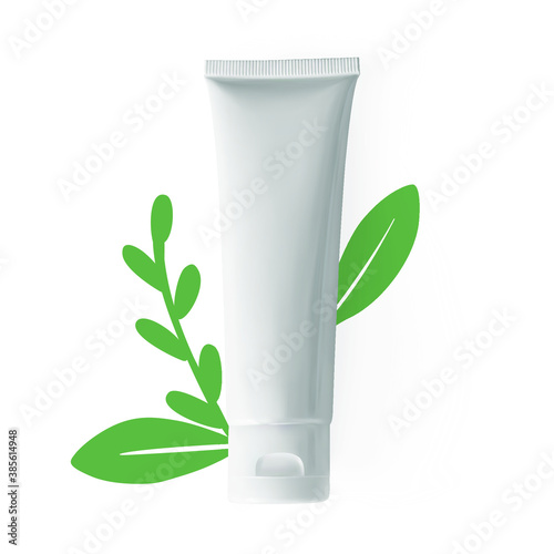 White tube for cosmetic product and hand drawing leaves vector illustration. Concept of natural organic bio skin care cosmetic. Moisture cream, body lotion or facial cleanser mockup