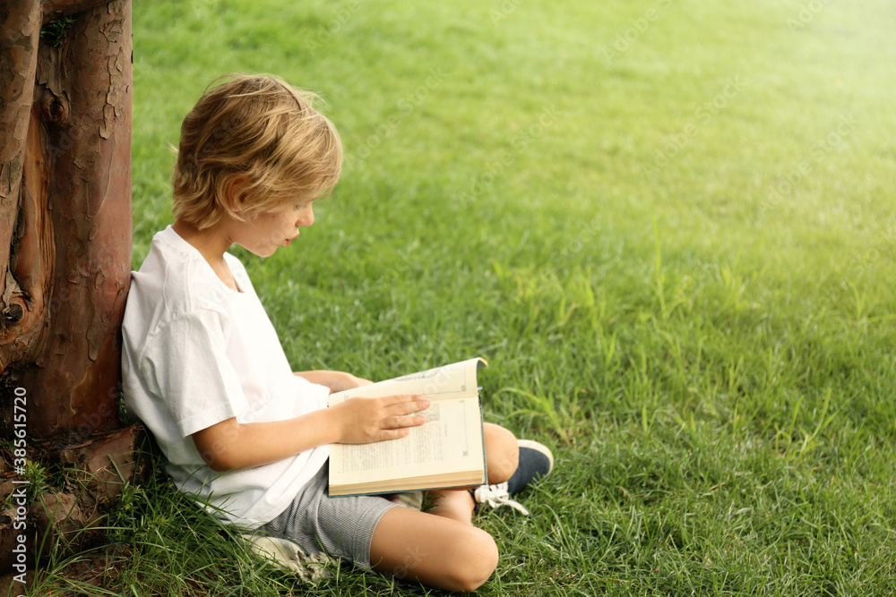 Cute little boy reading book on green grass near tree in park Cute little boy reading book on green grass near tree in park