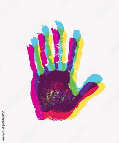 Colorful children or adult handprints overlapping overlaying. Colored prints of human hands. Creative idea for a team building presentation, report, family and artistic activity, advisory and poster