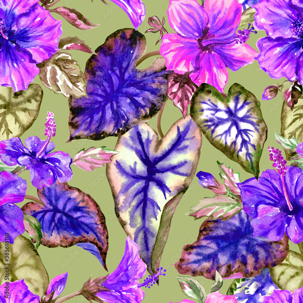 Seamless pattern of tropical flowers and leaves in purple tones. Hibiscus and Caladium Leaves, plant tropical print for fabric, home furnishings, and various designs. Seamless pattern of tropical flowers and leaves in purple tones. Hibiscus and Caladium Leaves, plant tropical print for fabric, home furnishings, and various designs.