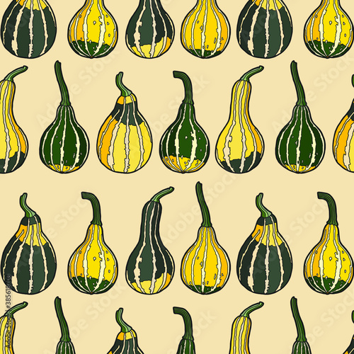 Vector illustration. Seamless pattern. Hand drawing pumpkin on a light background. Bright autumn wallpaper.