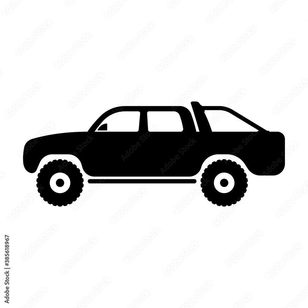 Pickup truck icon. Passenger off-road SUV. Black silhouette. Side view. Vector flat graphic illustration. The isolated object on a white background. Isolate.