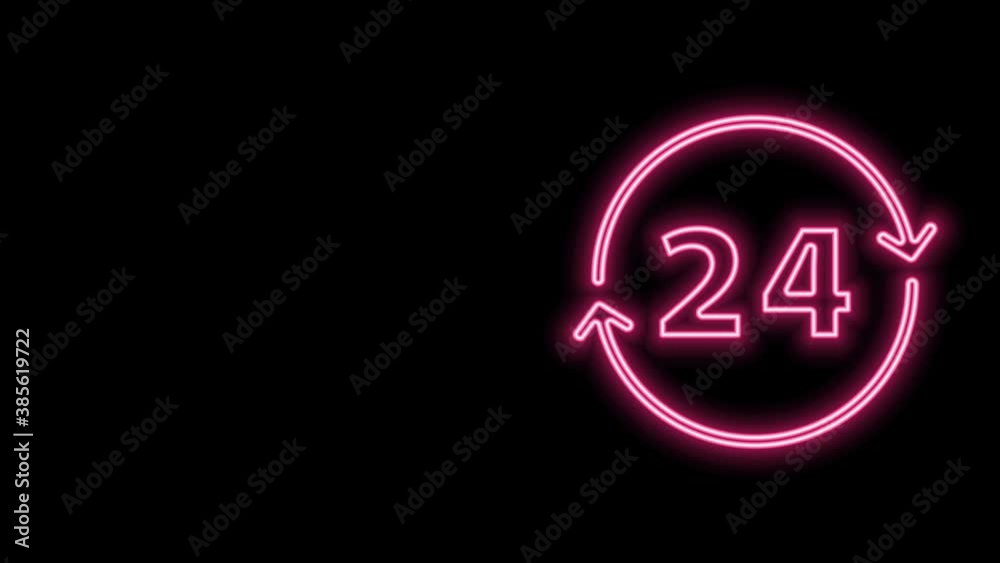 Glowing neon line Clock 24 hours icon isolated on black background. All day cyclic icon. 24 hours service symbol. 4K Video motion graphic animation Glowing neon line Clock 24 hours icon isolated on black background. All day cyclic icon. 24 hours service symbol. 4K Video motion graphic animation