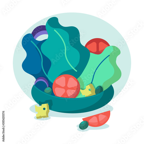 stylish vector icon of vegetable salad in a ceramic bowl on a table in a restaurant, slices of cheese, lettuce leaves, blue onion rings, parmesan, feta, feta cheese and green olives, eps 10 isolated