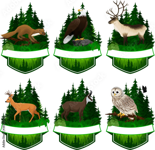 set of vector woodland emblems with white tiled deer, barred owl, chamois	, bald eagle, pine marten and reindeer