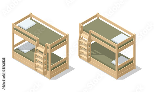 Isometric interior of children room or hostel room with bunk bed. The bunk bed with bedding isolated on the white background.