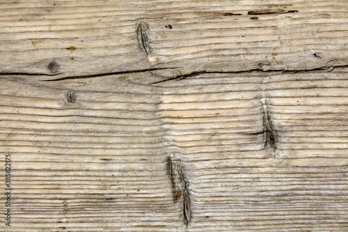 Old natural wood board with knots, cracks and scuffs