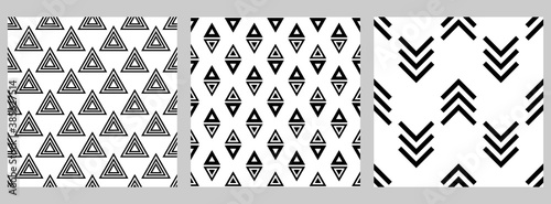 Set of geometric seamless pattern with staggered figures. Black shapes on white background. Triangles, arrows, lines, angles