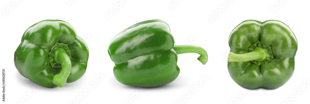 Set of fresh green bell peppers isolated on white. Banner design Set of fresh green bell peppers isolated on white. Banner design