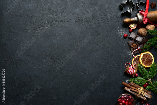 Christmas baking background with ingredients for making cake or biscuit. Top view with copy space.