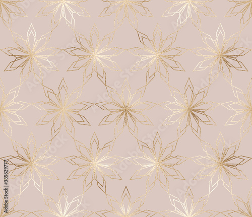Christmas geometric gold snowflake seamless pattern.