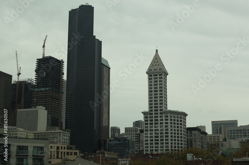 Seattle city skyscrapers. Modern architecture. High commercial buildings. Cloudy day.