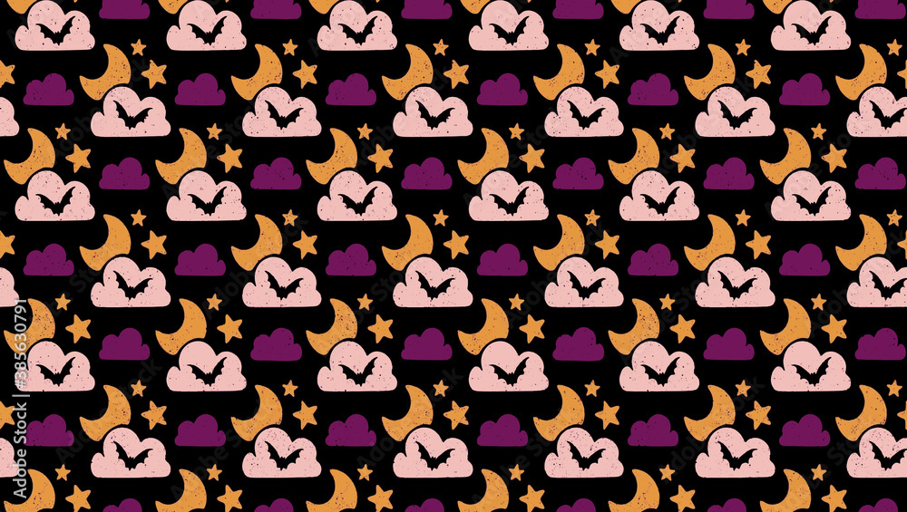 seamless pattern with crescent moon, stars, clouds and bats