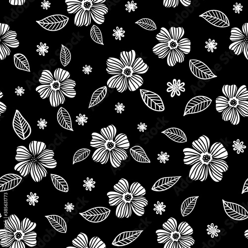 Floral handmade white flowers over black background, black and white, outline, sketch, vector seamless pattern