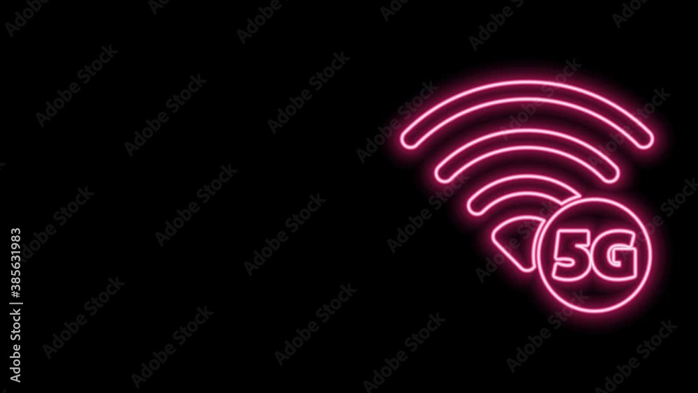 Glowing neon line 5G new wireless internet wifi connection icon isolated on black background. Global network high speed connection data rate technology. 4K Video motion graphic animation Glowing neon line 5G new wireless internet wifi connection icon isolated on black background. Global network high speed connection data rate technology. 4K Video motion graphic animation