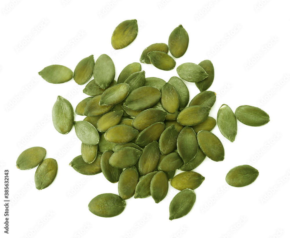 Peeled pumpkin seeds isolated on white, top view Peeled pumpkin seeds isolated on white, top view