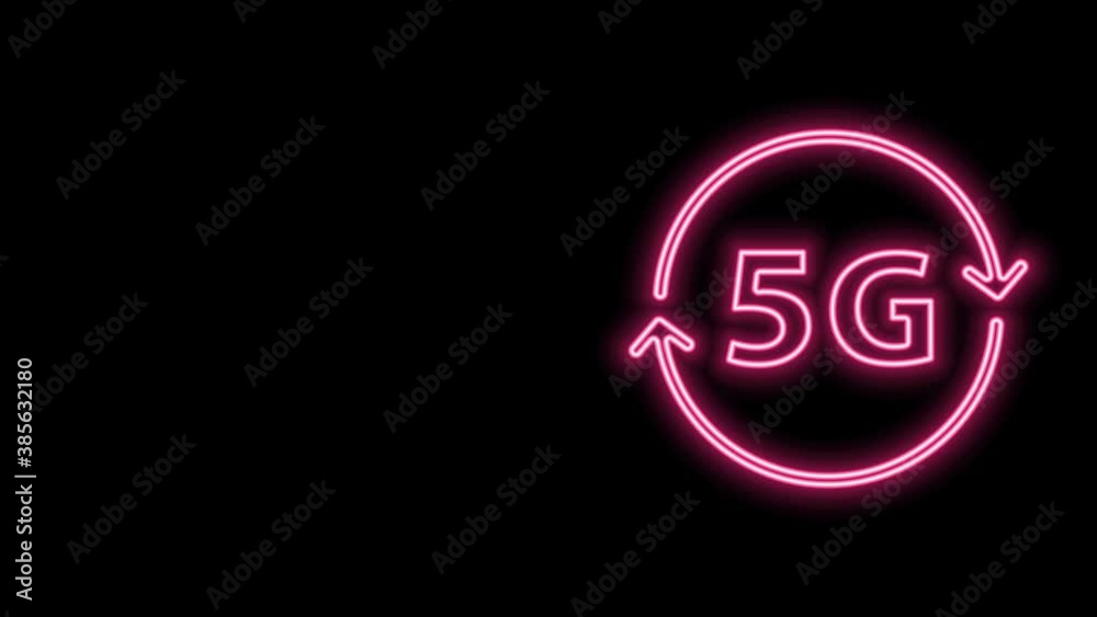 Glowing neon line 5G new wireless internet wifi connection icon isolated on black background. Global network high speed connection data rate technology. 4K Video motion graphic animation Glowing neon line 5G new wireless internet wifi connection icon isolated on black background. Global network high speed connection data rate technology. 4K Video motion graphic animation